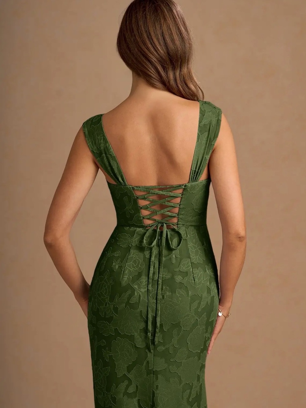 Azazie Olive Green Lace-Back Jacquard Dress